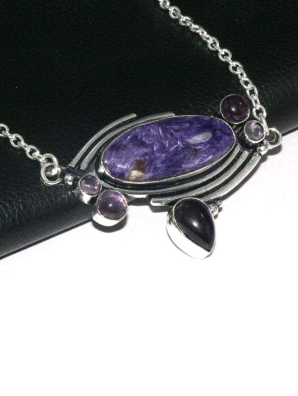 Russian Charoite, Amethyst Gemstone 925 Sterling Silver Handmade Necklace